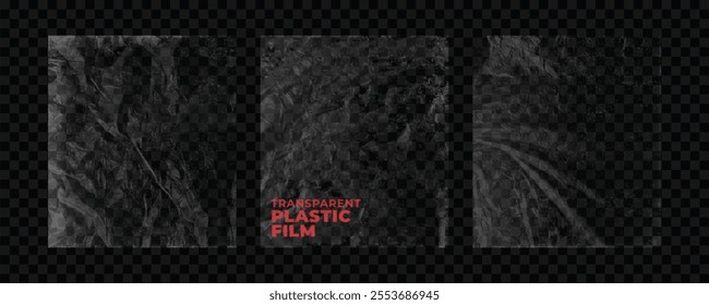 Set of plastic wrap textures for backgrounds and photo overlays, featuring wrinkled plastic posters in a stretched style. Transparent plastic wrap on black backgrounds for mockup templates.