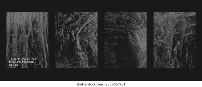 Set of plastic wrap textures for backgrounds and photo overlays, featuring wrinkled plastic posters in a stretched style. Transparent plastic wrap on black backgrounds for mockup templates.