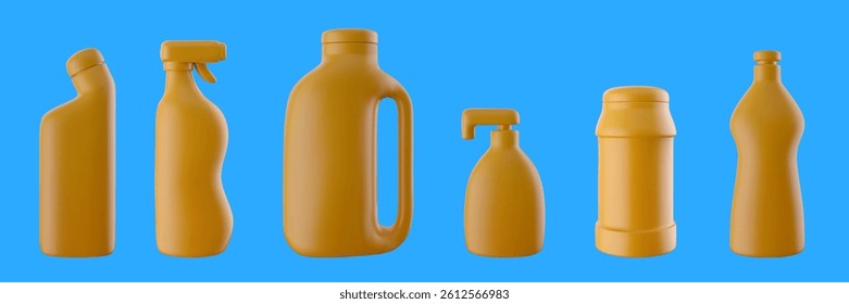 Set of plastic yellow bottles or containers for household cleaning chemical or industrial liquid in 3d realistic style. Glossy design elements for mockup branding. Vector illustration.