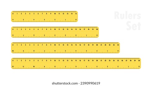 Set of plastic yellow rulers 15, 20, 25 and 30 centimeters. Measuring tool for work and learning. Ruler with double side measuring inches and centimeters. Vector illustration.