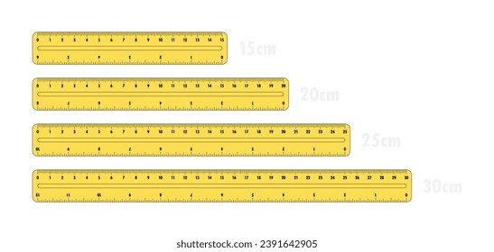 Conjunto de reglas amarillas de plástico de 15, 20, 25 y 30 centímetros. Herramienta de medición para el trabajo y el aprendizaje. Regla con doble cara que mide pulgadas y centímetros. Ilustración vectorial.