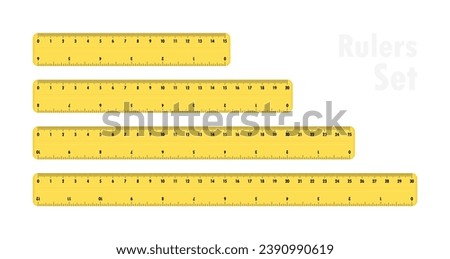 Set of plastic yellow rulers 15, 20, 25 and 30 centimeters. Measuring tool for work and learning. Ruler with double side measuring inches and centimeters. Vector illustration.