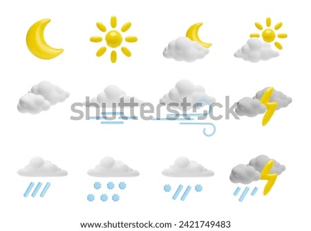 Set of plasticine clouds with suns, rains and moons 3D style, vector illustration isolated on white background. Decorative design elements collection, weather