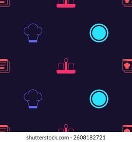 Set Plate, Chef hat, Salt and pepper and Online ordering delivery on seamless pattern. Vector