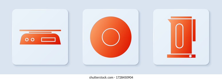 Set Plate, Electronic scales and Kettle with handle. White square button. Vector