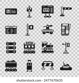Set Teller mit Essen, Zugampel, Nachrichten, Ticketbüro zum Kauf von Tickets, Café- und Restaurant-Lage, Bahnhofsvorstand, QR-Code-Zug und Draisine oder Handcar-Ikone. Vektorgrafik
