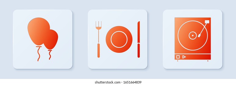 Set Plate, fork and knife , Balloons with ribbon  and Vinyl player with a vinyl disk . White square button. Vector