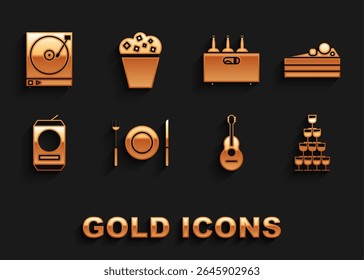 Set Plate, fork and knife, Cake, Wine glasses stacked in pyramid tower, Guitar, Beer can, Bottles of wine wooden box, Vinyl player with vinyl disk and Popcorn cardboard icon. Vector