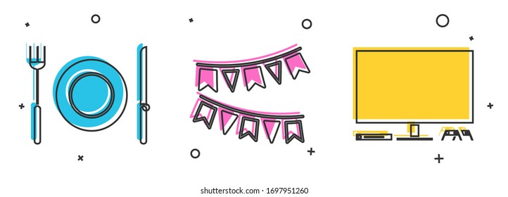 Set Plate, fork and knife , Carnival garland with flags  and Video game console  icon. Vector