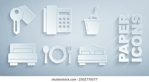 Set Plate, fork and knife, Champagne in ice bucket, Hotel room bed, Telephone handset and door lock key icon. Vector