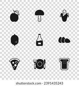 Set Plate, fork and knife, Chicken egg, Bread toast, Sauce bottle, Corn, Plum fruit, Mushroom and Lemon icon. Vector