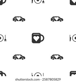 Set Plate, fork and knife, Coffee cup heart and Limousine car on seamless pattern. Vector