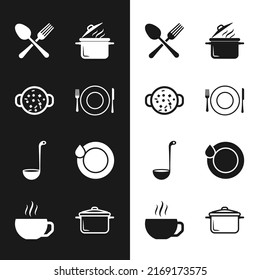 Set Plate, fork and knife, Cooking soup in pot, Crossed spoon, Kitchen ladle, Washing dishes,  and Coffee cup icon. Vector
