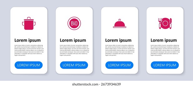 Set Plate, fork and knife, Covered with tray of food, Banner bio and Cooking pot. Business infographic template. Vector