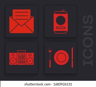 Set Plate, fork and knife , Envelope with invitation card , Beer can  and Home stereo with two speakers  icon. Vector