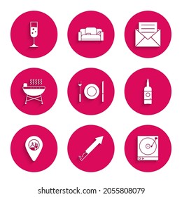 Set Plate, fork and knife, Firework rocket, Vinyl player with vinyl disk, Beer bottle, Alcohol beer bar location, Barbecue grill, Envelope invitation card and Glass of champagne icon. Vector