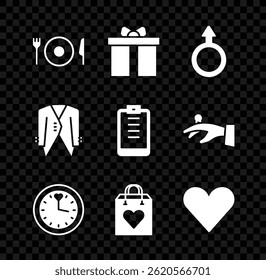 Set Plate, fork and knife, Gift box, Male gender symbol, Clock, Shopping bag with heart, Heart, Suit and Clipboard checklist icon. Vector
