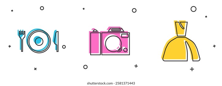 Set Plate, fork and knife, Photo camera and Woman dress icon. Vector