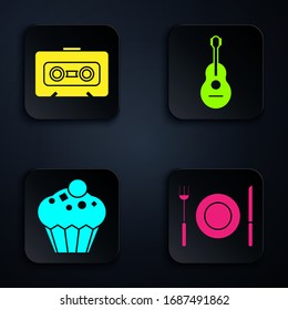 Set Plate, fork and knife , Retro audio cassette tape , Muffin  and Guitar . Black square button. Vector
