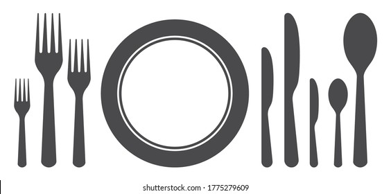 Set of plate, fork, knife, spoon for dinner. Icons of cutlery for lunch or breakfast. Silhouette of Utensil for food on kitchen. Symbol of restaurant, cafeteria, gastronomy. banquet menu Logo vector.