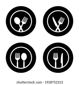 set of plate with fork, spoon and knife. cutlery and food icons. vector illustration.