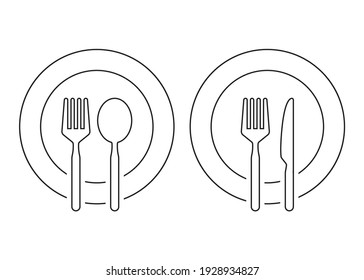 set of plate with fork, spoon and knife. cutlery and food icons. vector illustration.