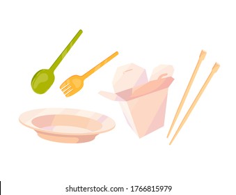 Set with plate, fork, spoon, wooden sticks and WOK box. Different types of cutlery in different cuisines. Vector cartoon flat illustration isolated on white background.