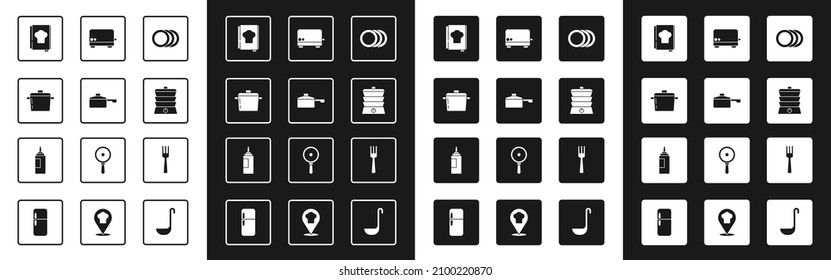 Set Plate, Frying pan, Cooking pot, Cookbook, Slow cooker, Toaster, Fork and Sauce bottle icon. Vector