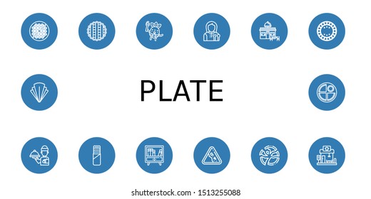 Set of plate icons such as Bean toasting, Pie, Eating, Lunchroom, Restaurant, Plate, Waiter, Buffet, Falling rocks, Broken plate, Salad, Pancake ,