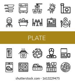 Set of plate icons. Such as Knife, Waiter, Stove, Buffet, Noodles, Dinner table, Zombie, Restaurant, Cutlery, Steak, Mixing table, Broken plate, Kitchen, Nuggets , plate icons