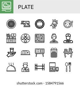 Set of plate icons. Such as Steak, Spaghetti, Plate, Zombie, Soup, Kitchen, Cheesecake, Mixing table, Catering, Waiter, Serve, Tenderloin, Buffet, Cheese balls, Coffee table , plate icons