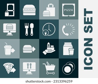 Set Plate, Online ordering and delivery, Food, burger, Fork spoon,  and Round the clock icon. Vector