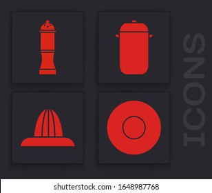 Set Plate, Pepper, Cooking pot and Citrus fruit juicer icon. Vector