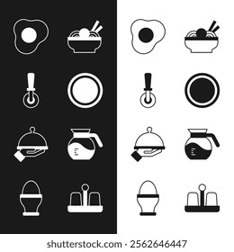 Set Plate, Pizza knife, Scrambled eggs, Asian noodles in bowl, Covered with tray of food, Coffee pot, Salt and pepper and Chicken on stand icon. Vector