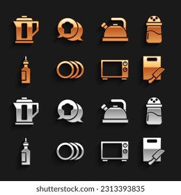 Set Plate, Salz, Schneiden und Messer, Mikrowellenofen, Flasche Olivenöl, Wasserkocher mit Griff, elektrischer Wasserkocher und Kochmütze Sprechblase Ikone. Vektorgrafik