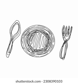 Set of plate spoon and flok casually drawn with black strokes isolated on white background, Illustration vector design