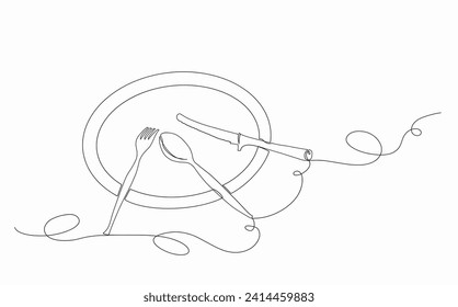 Set of plate, spoon, knife, and flok continuous one line hand drawn isolated on white background, Illustration vector design