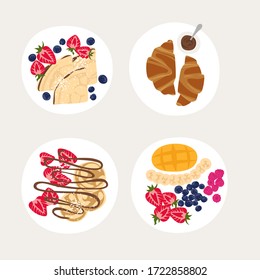 Set of plates with a beautiful breakfast. Sweet classic breakfast with berries. top view vector illustration. Pancakes, French croissants, fruit plate