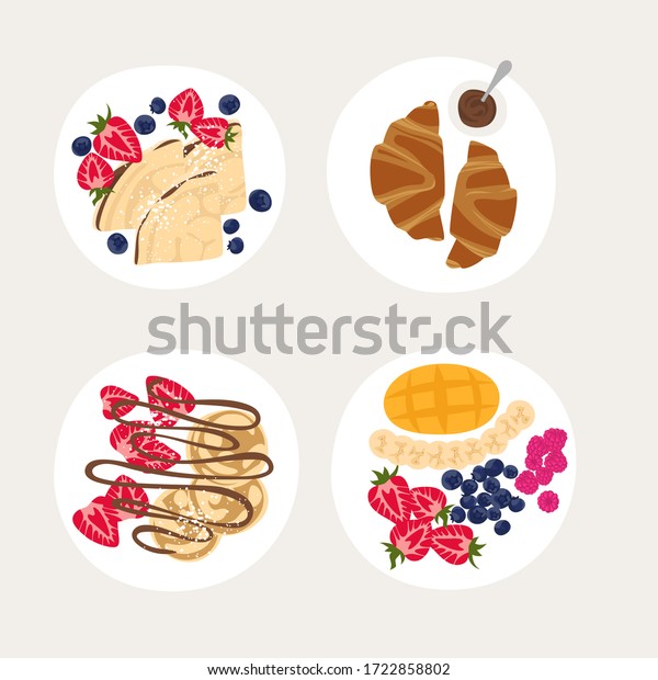 お皿のセットと素晴らしい朝食 ベリーの入ったすてきなクラシックな朝食 上面図のベクターイラスト パンケーキ フランスのクロワッサン フルーツプレート のベクター画像素材 ロイヤリティフリー