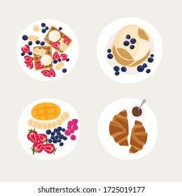 Set of plates with beautiful breakfasts. Sweet classic breakfast with berries. top view vector illustration. Pancakes, French croissants, Belgian waffles and fruit plate