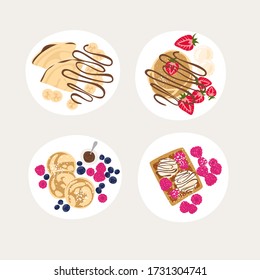 Set of plates with beautiful breakfasts. Sweet classic breakfast with berries. top view vector illustration. Pancakes, Belgian waffles with different toppings