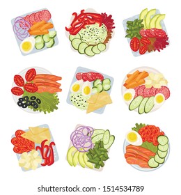 Set of plates with chopped products. Vector illustration.