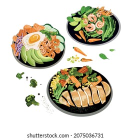 Conjunto de platos con diferentes alimentos saludables, fele de pollo con brócoli, fele de Salmón con aguacate y huevo. Camarones con espárragos, zanahorias y cal. Ilustración vectorial aislada en fondo blanco.