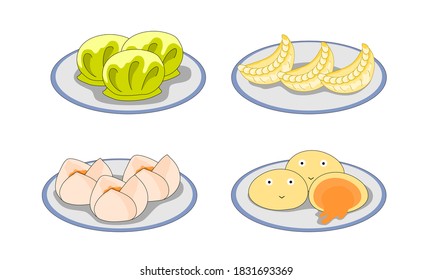 set of plates with dim sum steamed dumpling, custard buns, vector illustration