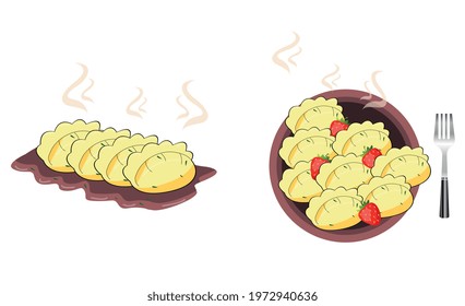 A set of plates with dumplings and dumplings with strawberries, a graphic element in a vector on a white background