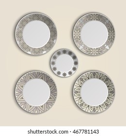 Set of plates with elegant ethnic tribal mandala ornament in boho style. Home decor vector illustration. Islam, Arabic, Indian, turkish, pakistan chinese ottoman motifs