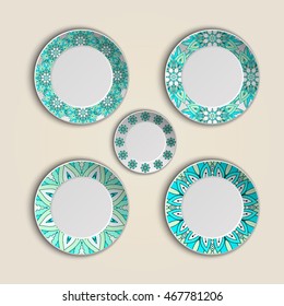 Set of plates with elegant ethnic tribal mandala ornament in boho style. Home decor vector illustration. Islam, Arabic, Indian, turkish, pakistan chinese ottoman motifs