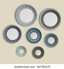 Set of plates with elegant ethnic tribal mandala ornament in boho style. Home decor vector illustration. Islam, Arabic, Indian, turkish, pakistan chinese ottoman motifs