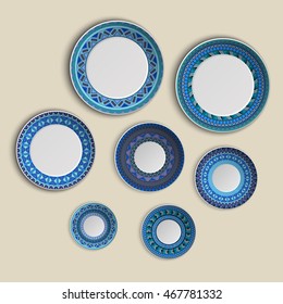Set of plates with elegant ethnic tribal mandala ornament in boho style. Home decor vector illustration. Islam, Arabic, Indian, turkish, pakistan chinese ottoman motifs