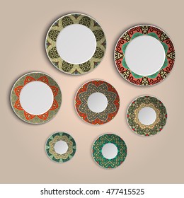 Set of plates with elegant ethnic tribal mandala ornament in boho style. Home decor vector illustration. Islam, Arabic, Indian, turkish, pakistan chinese ottoman motifs